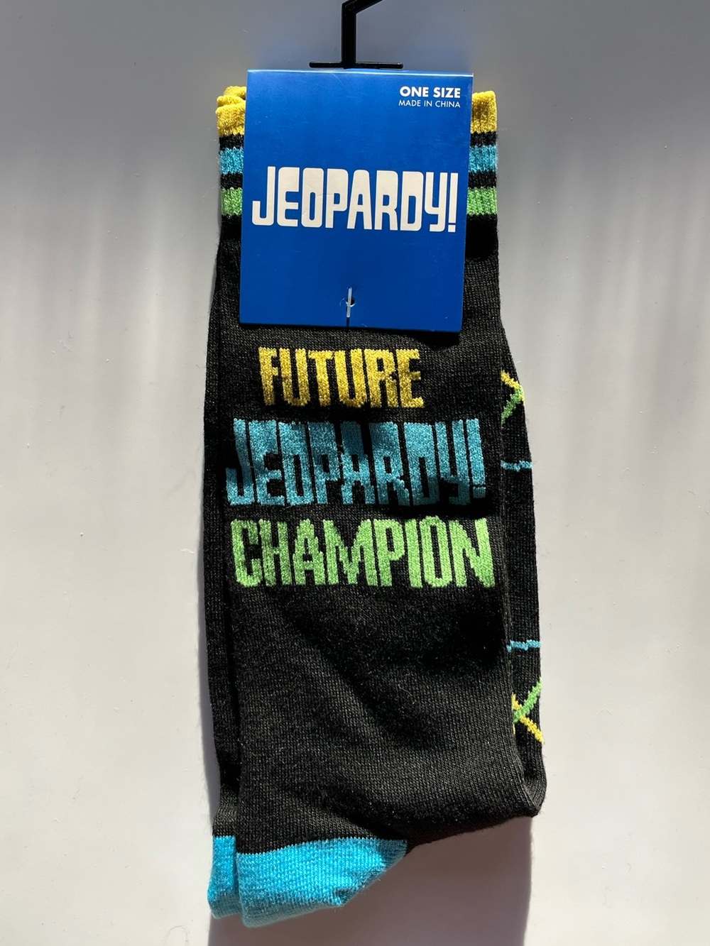 Jeopardy Future Champion Novelty Socks Black, Blue, Green, Yellow - Sz 7-12